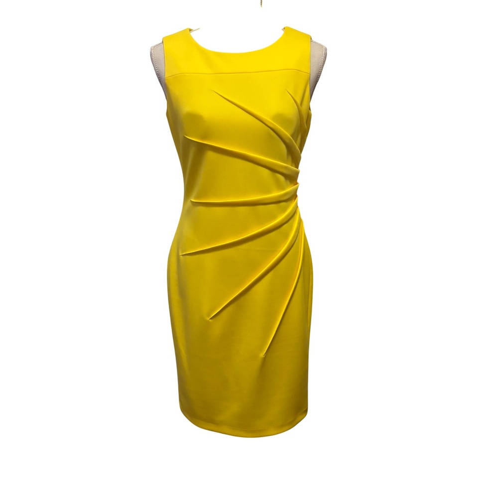 Calvin Klein Yellow Sleeveless Sheath Dress Size 4 Ruched New Casual Business - Picture 2 of 11